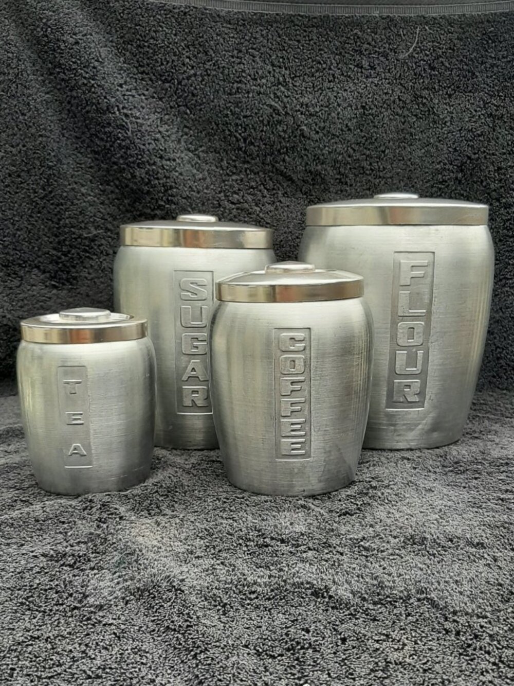 Vtg Aluminum Canister Nesting Set (4) Rose Copper Lids Japan Coffee Tea Flour